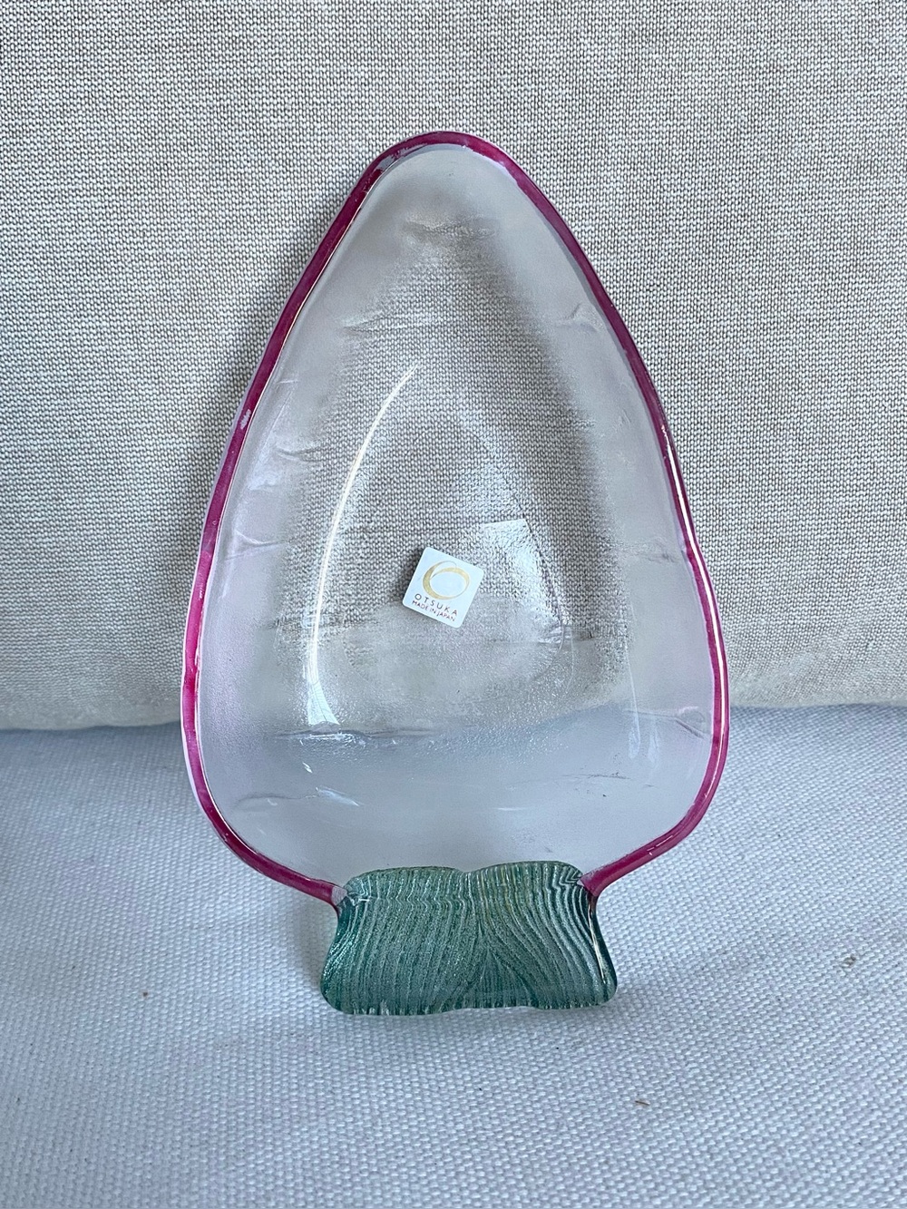 Vintage Otsuka Glass Japan Radish Turnip Shaped Trinket Dish Pink Rim Green Stem